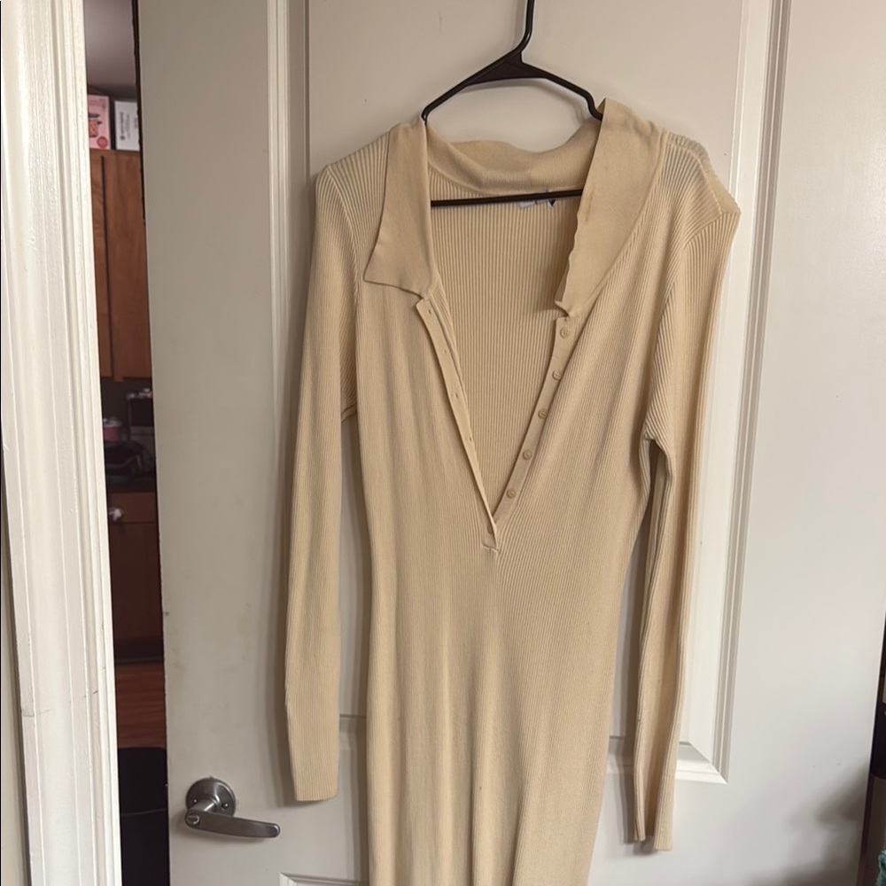Fashion Nova Cream Bodycon Dress Long Sleeve Plunge